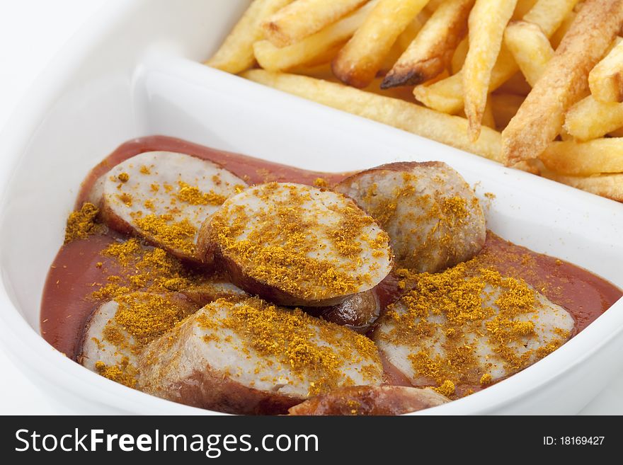 Curried sausages and french fries