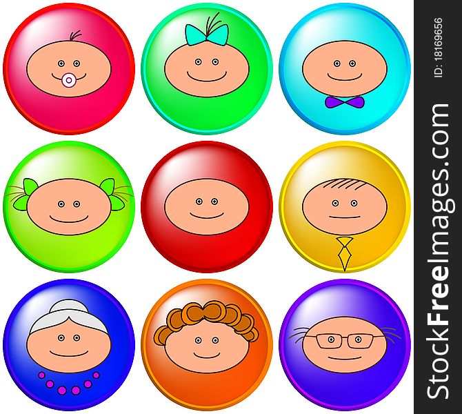 Set icons, buttons: people, family faces. Set icons, buttons: people, family faces