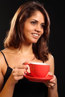 Red Tea Cup And Saucer With Beautiful Happy Woman Stock Images Red Tea Cup And Saucer With Beautiful Happy Woman Stock Images