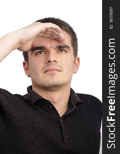 Portrait of a handsome young man looking in the distance on white background. Portrait of a handsome young man looking in the distance on white background