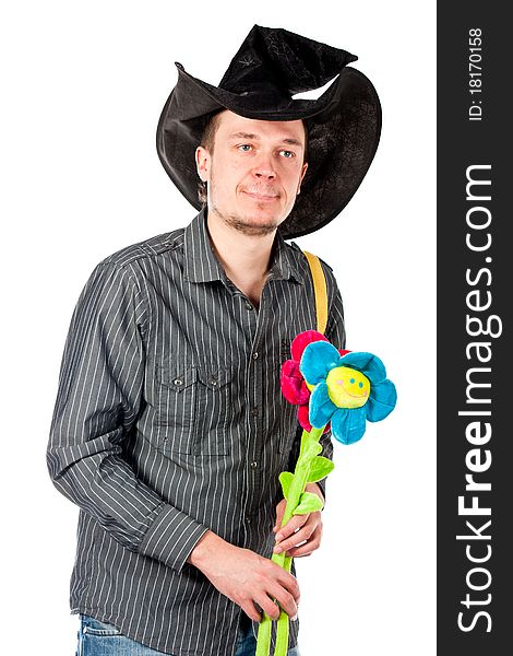 Portrait of a young man in cute hat with flowersl isolated on white