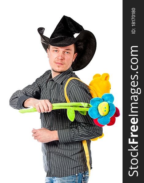 Portrait of a young man in cute hat with flowersl isolated on white