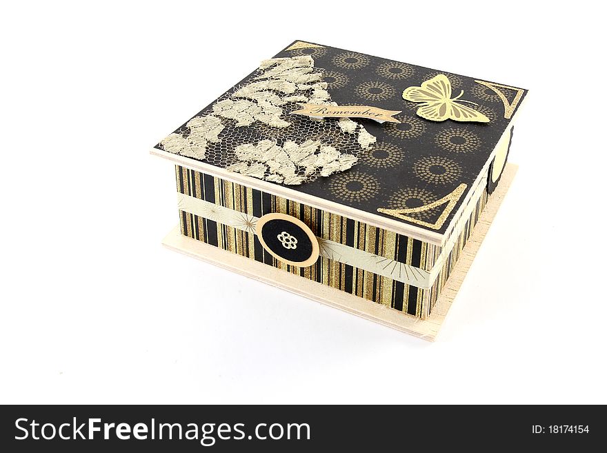 Handmade wooden gift box on white background
