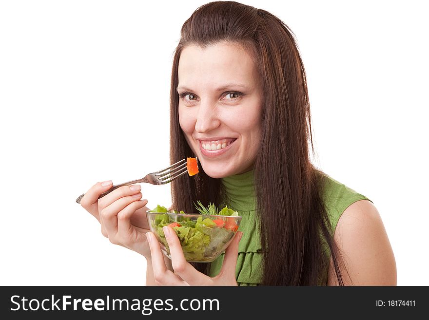 Woman against white background ready to eat salad. Woman against white background ready to eat salad