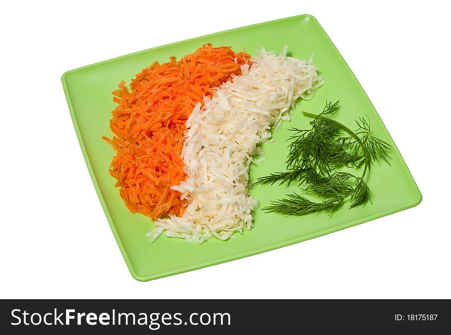 Grated carrots, grated celery and dill on a green square plastic plate, isolated on white. Grated carrots, grated celery and dill on a green square plastic plate, isolated on white