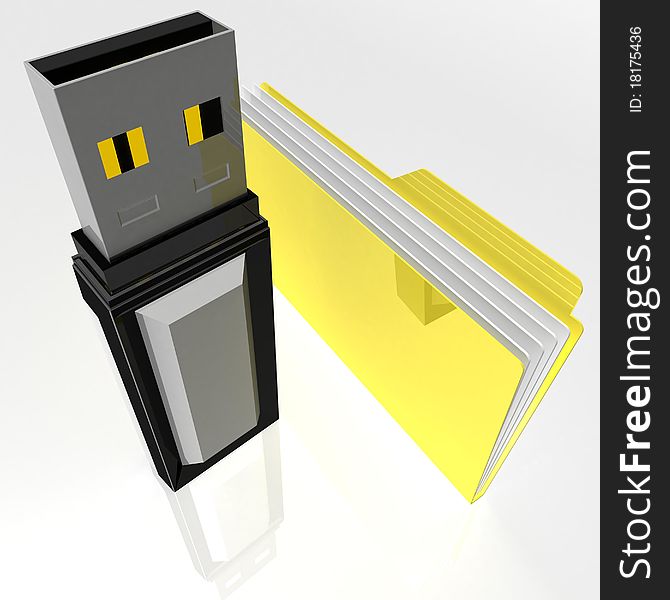Yellow folder with the papers next to which is a computer flash drive