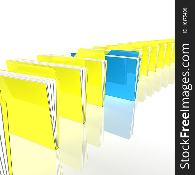One blue and yellow folders are in a series on the black glossy floor