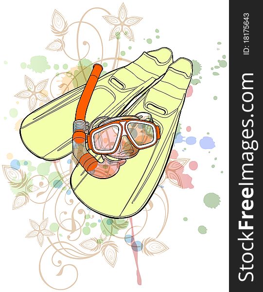 Set of diving - flippers and a mask with a tube & floral calligraphy ornament - a stylized orchid, color paint background