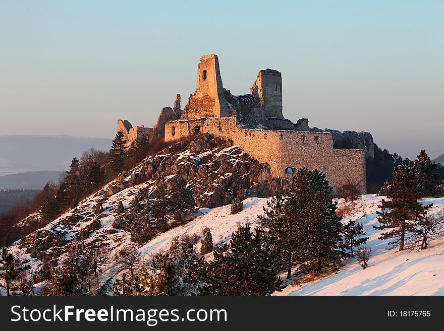 The ruins of castle Cachtice in winter