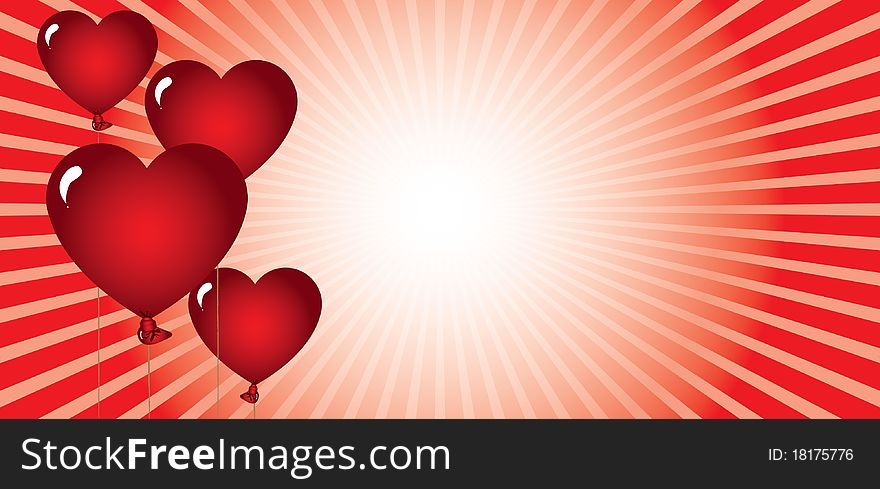 A love card with heart-shaped balloons against a backdrop in rising sun style that communicates love, passion and energy and can be used for greeting and love for Valentine's Day. A love card with heart-shaped balloons against a backdrop in rising sun style that communicates love, passion and energy and can be used for greeting and love for Valentine's Day