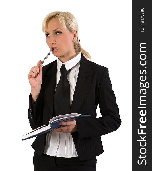 Thoughtful young woman with organizer and a pen against white background. Thoughtful young woman with organizer and a pen against white background.