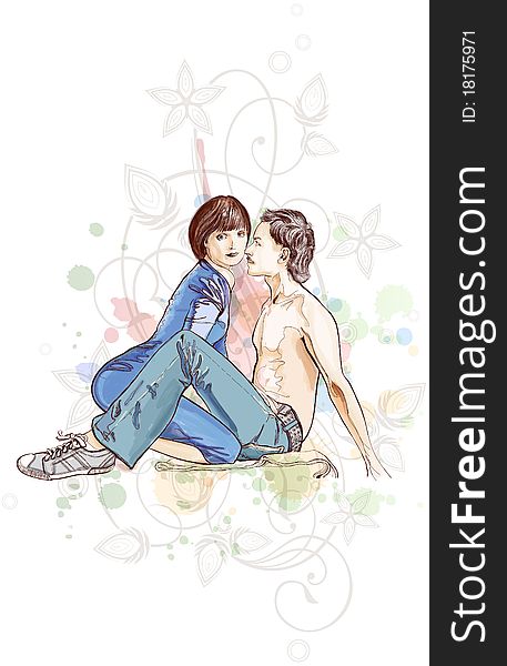 Vector illustration: two lovers & floral calligraphy ornament - a stylized orchid & color paint background - eps10