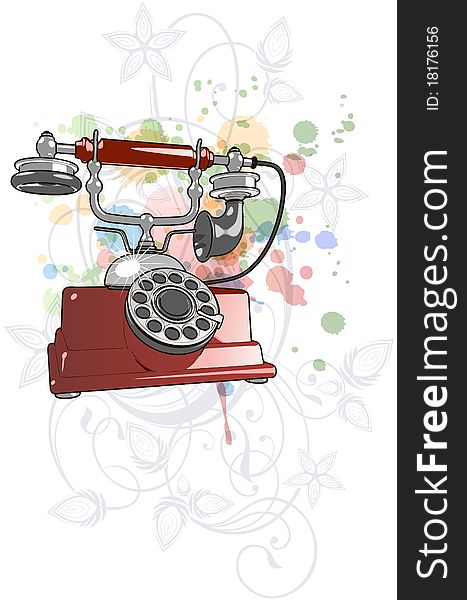 Vector red vintage telephone & floral ornament