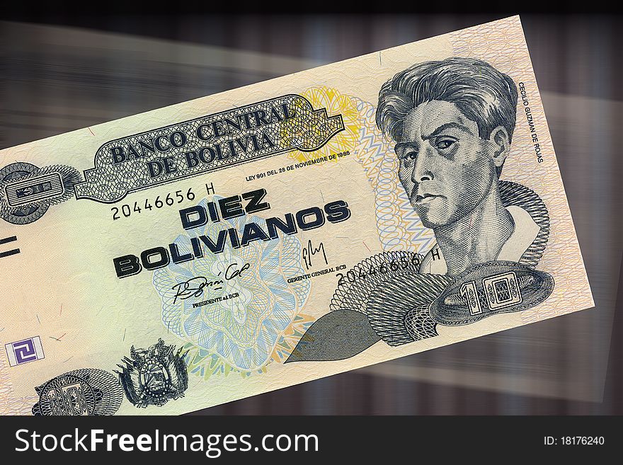 10 bolivian currency. 10 Bolivianos from the Central Bank of Bolivia with the figure of Cecilio Guzman de Rojas
