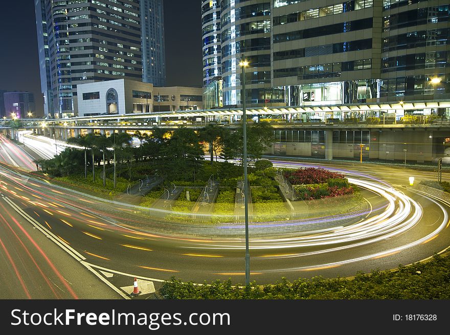 Hong Kong Night Scene with Traffic Light