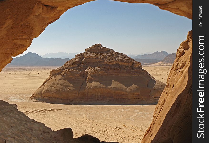 View of sinai desert and mountains from cave. View of sinai desert and mountains from cave
