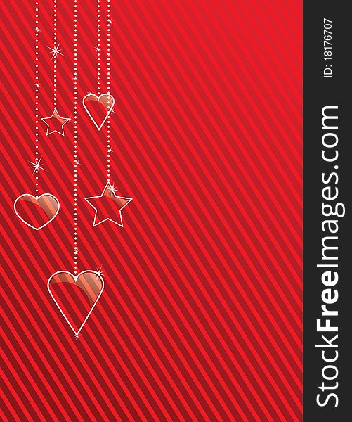 Vector invitation card with glossy heart shape on a red striped background