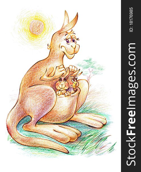 Illustration of mother kangaroo with kids on the white
