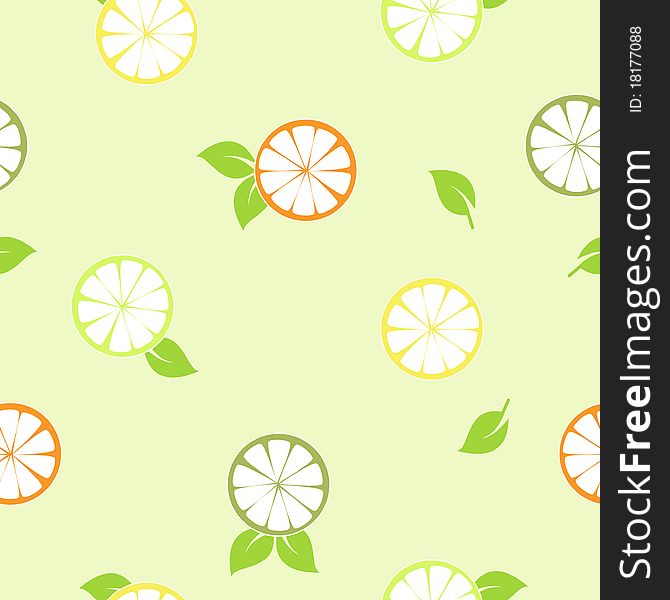 Bright slices of citruses with green leaves. Seamless pattern. Bright slices of citruses with green leaves. Seamless pattern