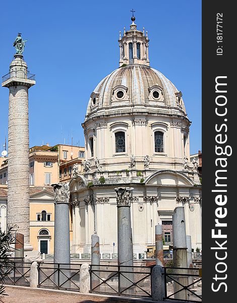 Traian column and Santa Maria di Loreto in Rome, Italy