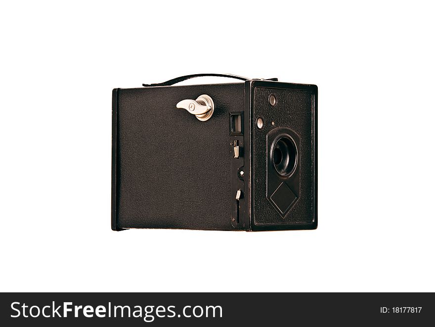 Vintage box camera on white isolated background.