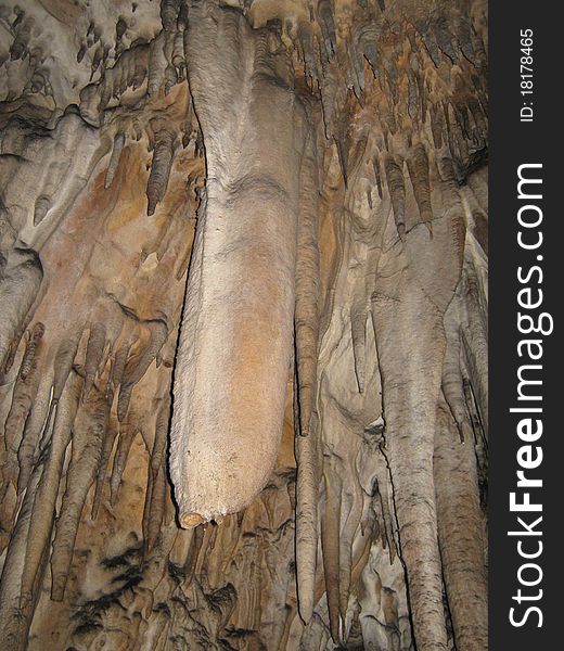 Stalactites. Big Azishsky-cave, located in Krasnodar territory.