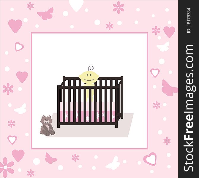 Baby Girl in Crib with Space for Your Text and Decorative Border Vector. Baby Girl in Crib with Space for Your Text and Decorative Border Vector