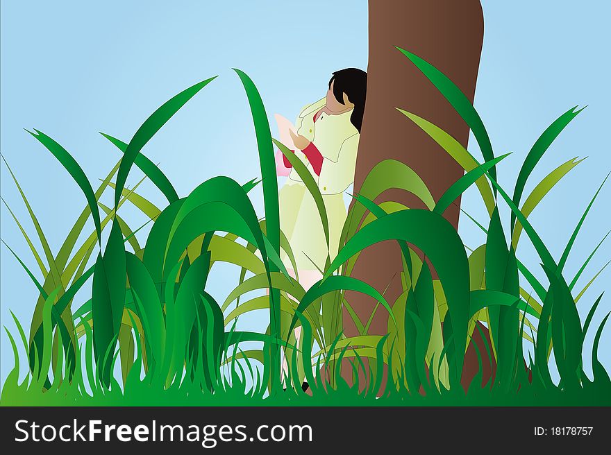 Vector illustration of reading girl student leans against the tree