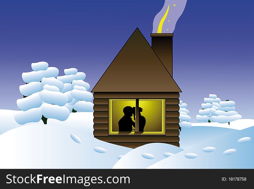 Vector illustration of winter log hut and silhouette of kissing couple in it's window
