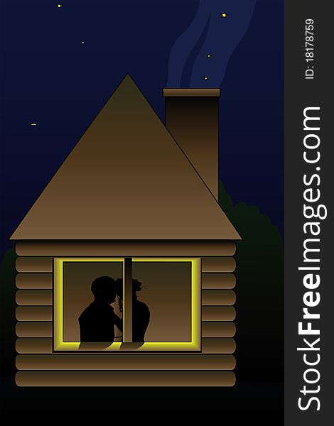 Vector illustration of kissing couple in the whindow of night hut