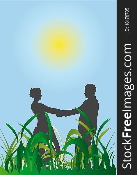 Vector illustration of couple against sky and grass