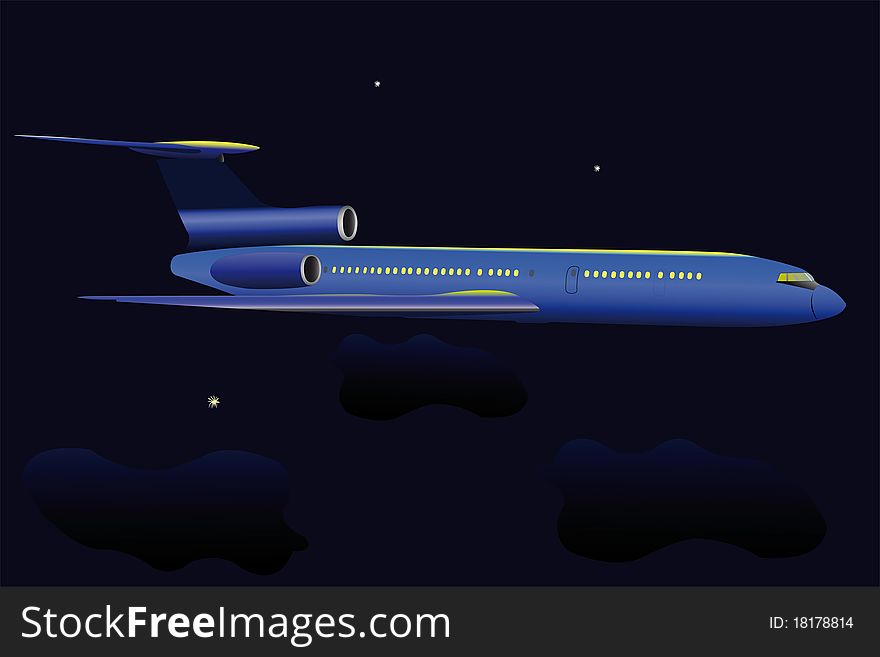 Vector illustration of airplane flies under the night sky. Vector illustration of airplane flies under the night sky
