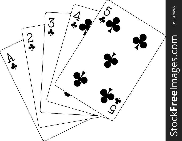 Illustration of flush playing cards from ace to five. Illustration of flush playing cards from ace to five