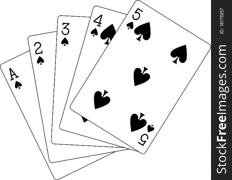 Illustration of flush playing cards from ace to five. Illustration of flush playing cards from ace to five