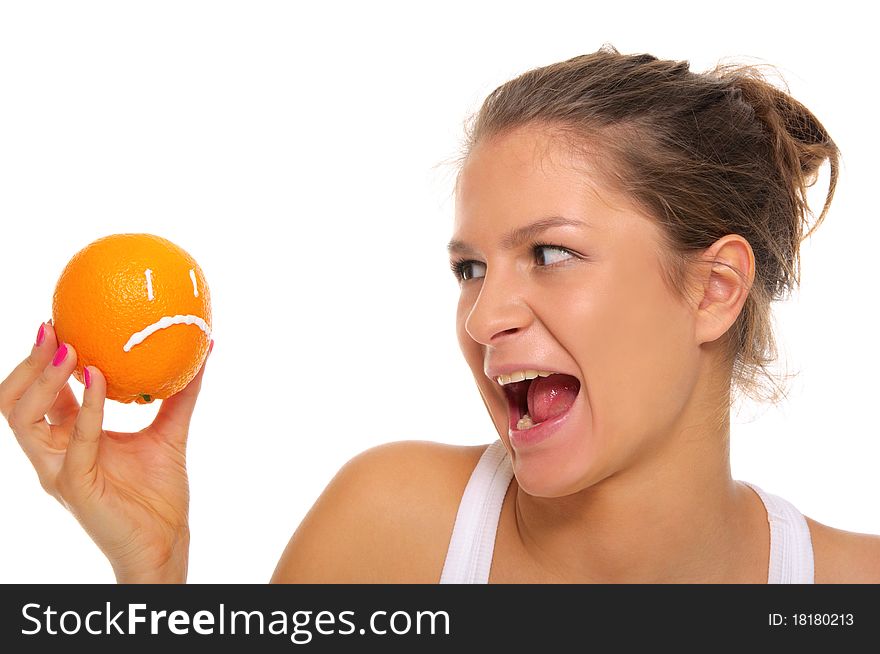 Woman holds orange with insult isolated in white