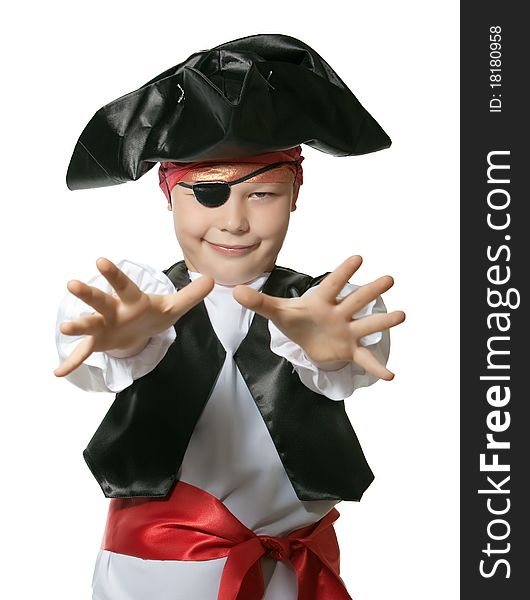 The little boy is dressed in a suit of the pirate. The little boy is dressed in a suit of the pirate