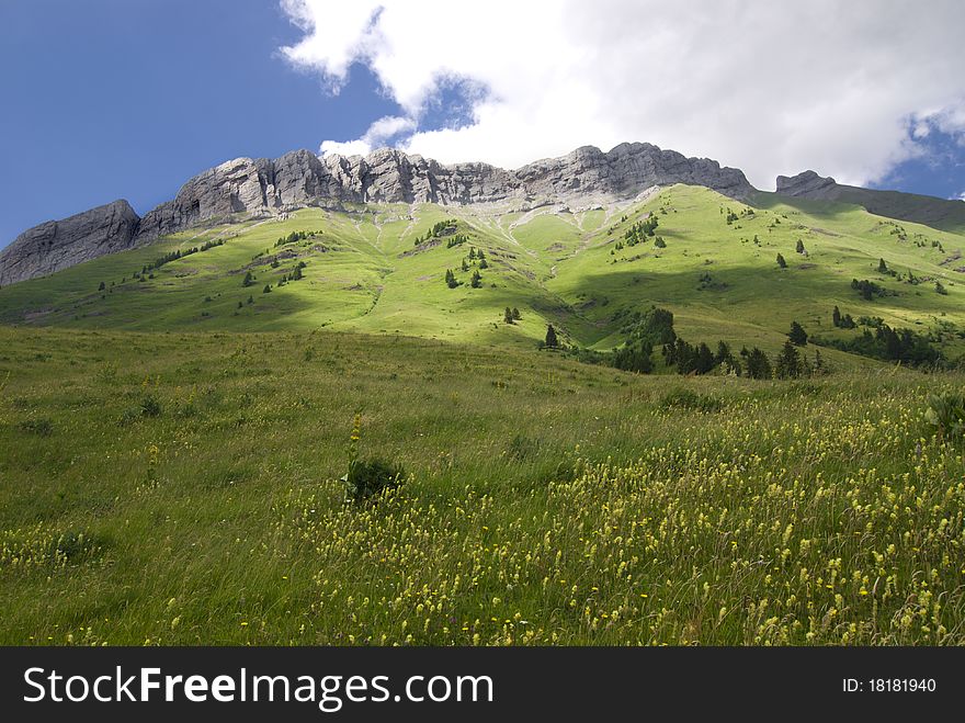 Shadows and sunlight on the meadows in the Alps
