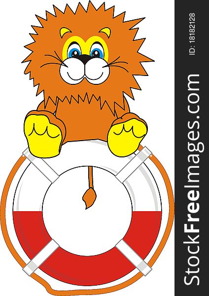 The small ridiculous kind young lion sits on life buoy and smiles - toy, cartoon, vector illustration, isolated. The small ridiculous kind young lion sits on life buoy and smiles - toy, cartoon, vector illustration, isolated