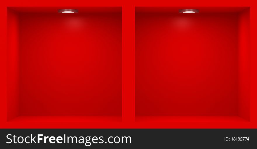 Empty red rack with illumination of shelves