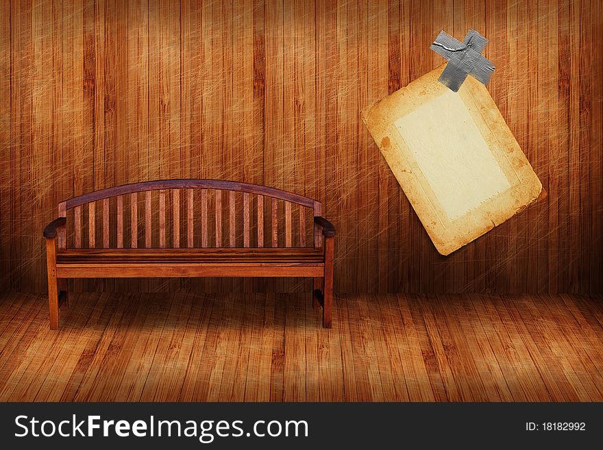 A creative wooden background, grunge stage with bench. A creative wooden background, grunge stage with bench