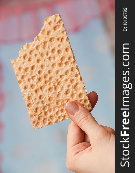 Bitten bread crisps in a hand. close-up object