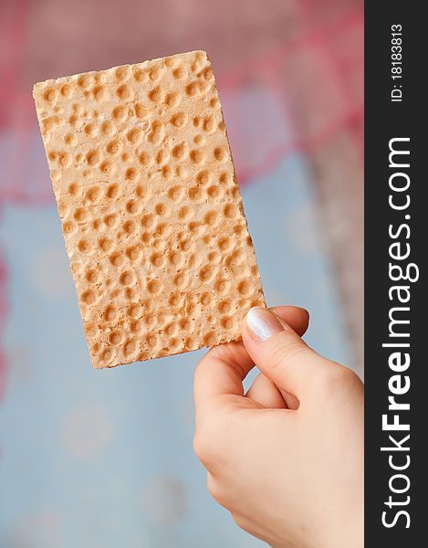 Tasty bread crisps in a hand. close-up object