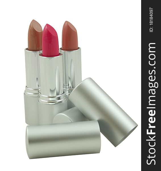 Three lipsticks over white background