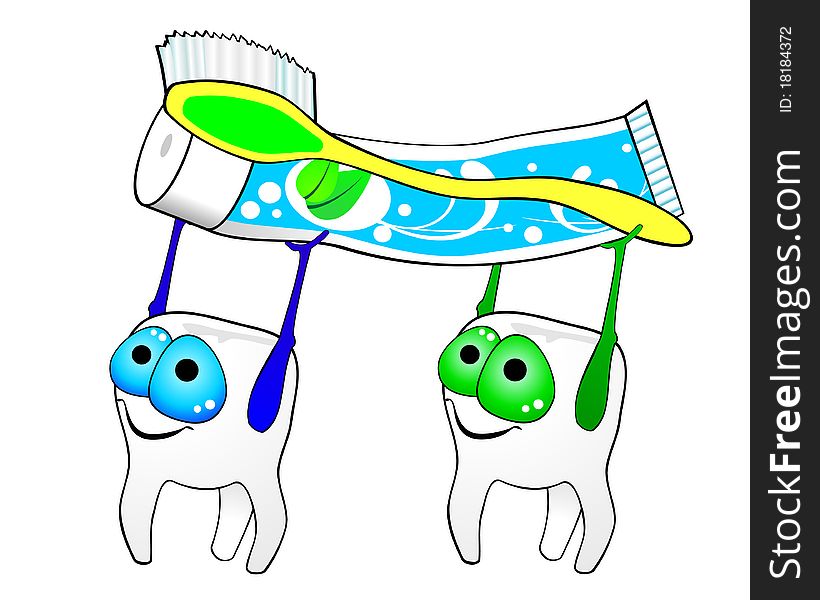 Two smiling teeth carrying in hands toothpaste and toothbrush. Two smiling teeth carrying in hands toothpaste and toothbrush