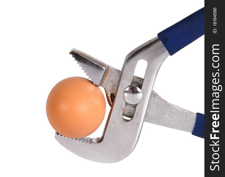 Egg clamped in a vise pipe fittings key on a white background