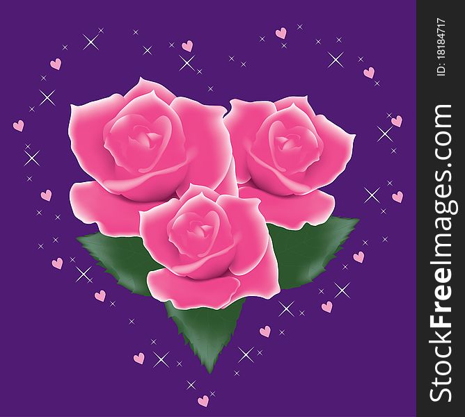 Three vector pink roses with leaves