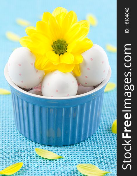 Easter eggs in a bowl with blossom. Easter eggs in a bowl with blossom