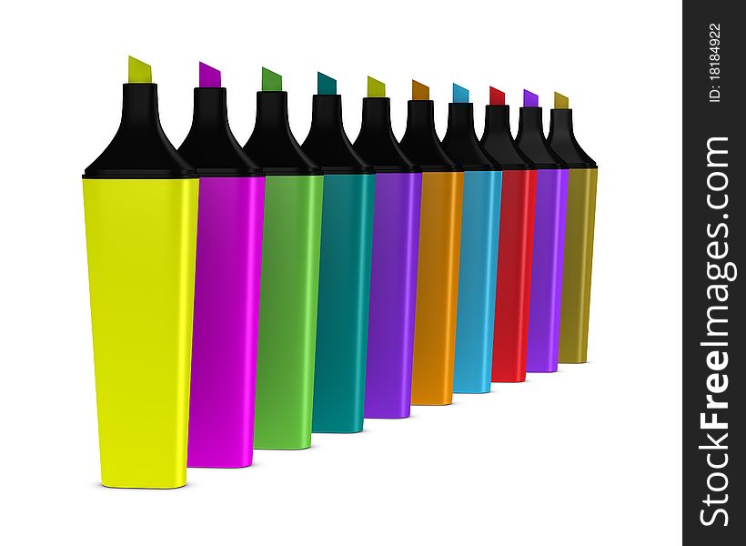 Ten highlighters of different colors, in row