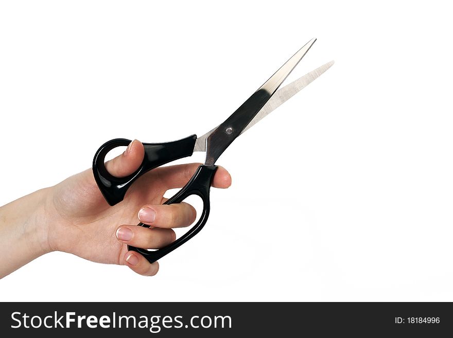 Hand with scissors isolated on white background