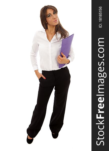 Business woman in black skirt and white blouse holding folder
